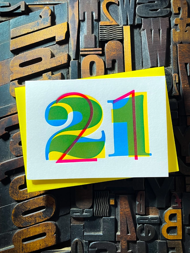 21st birthday anniversary typographic letterpress card. Deep impression print. Unique with no print being the same. They show slight colour variations adding to the style. Also available in other milestones : 1, 2, 3, 16, 18, 30, 40, 50, 60, 70, 80.