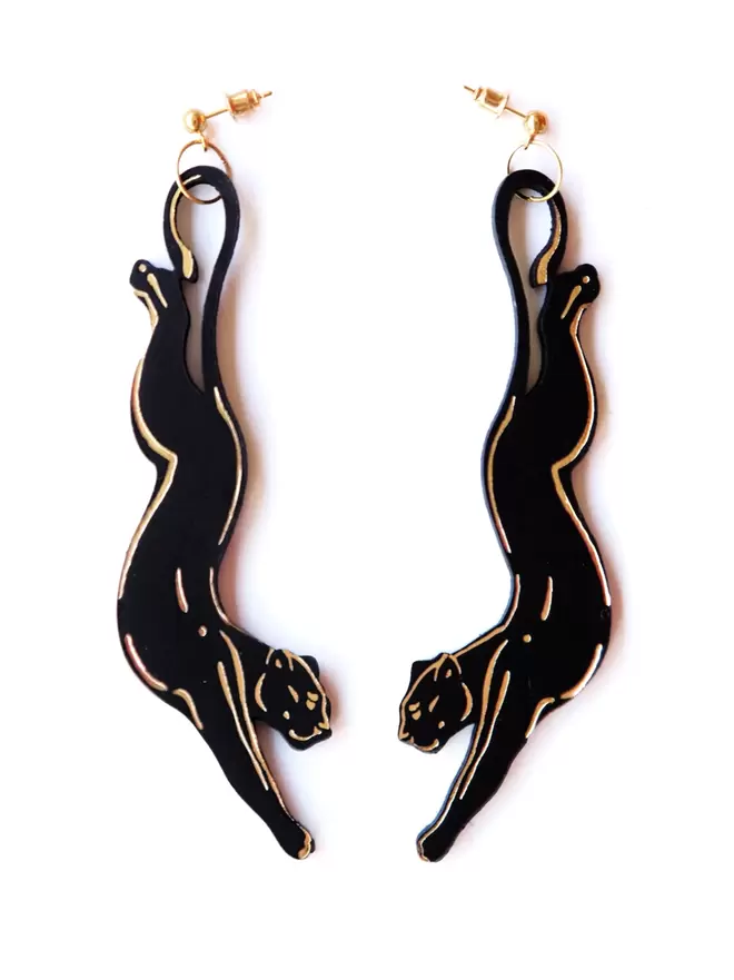 black leather pouncing panther earrings
