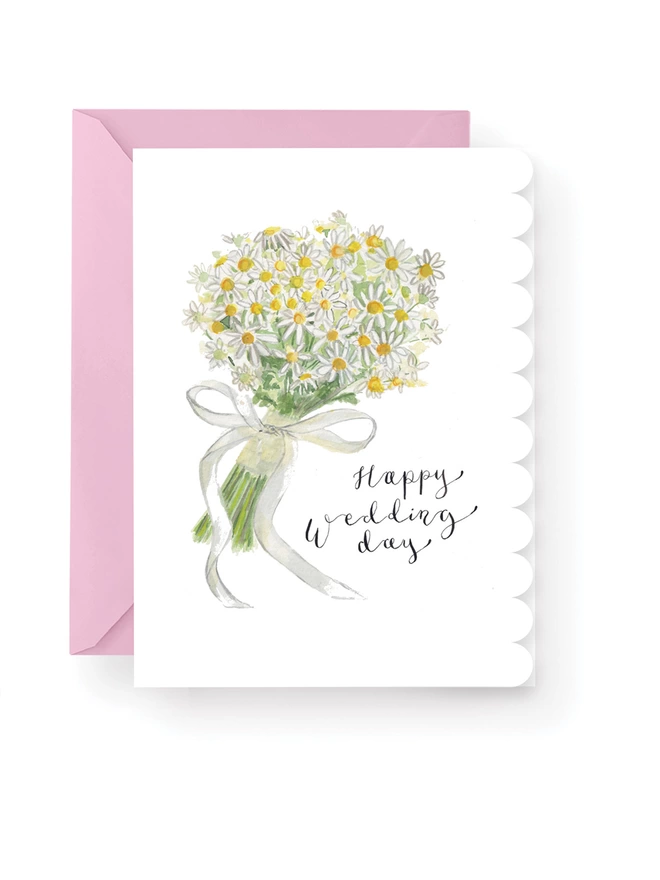 Daisy Bouquet Wedding Card with Scallop Edge 