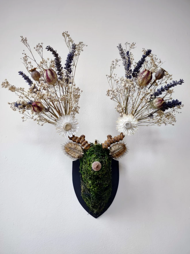 Cotswold Flora Botanical Stag Head Wall Mount Handmade Dried Flower Sustainable Art in The Cotswolds