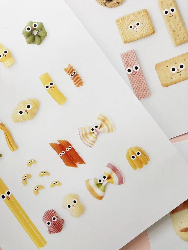 A selection of A3 prints of food with faces