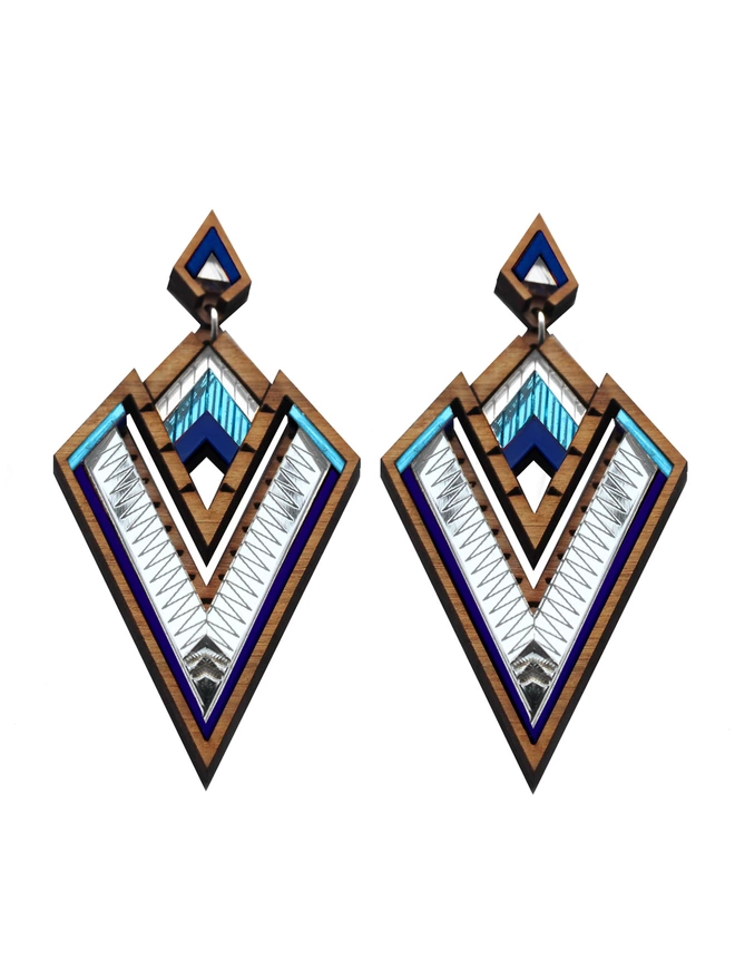 Diamond Shaped Earrings with a small diamond stud with a drop of a bigger diamond shape. Colours in silver, aqua and wood around the edge of the earrings. 