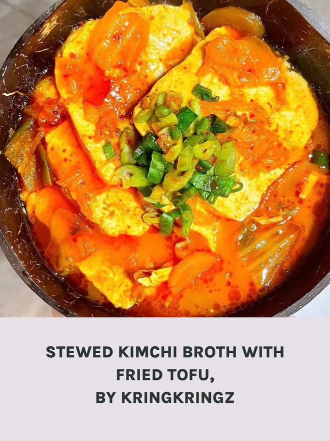 A Bowl Of Stewed Muti Kimchi Broth WIth Fried Tofu, By KringKringz