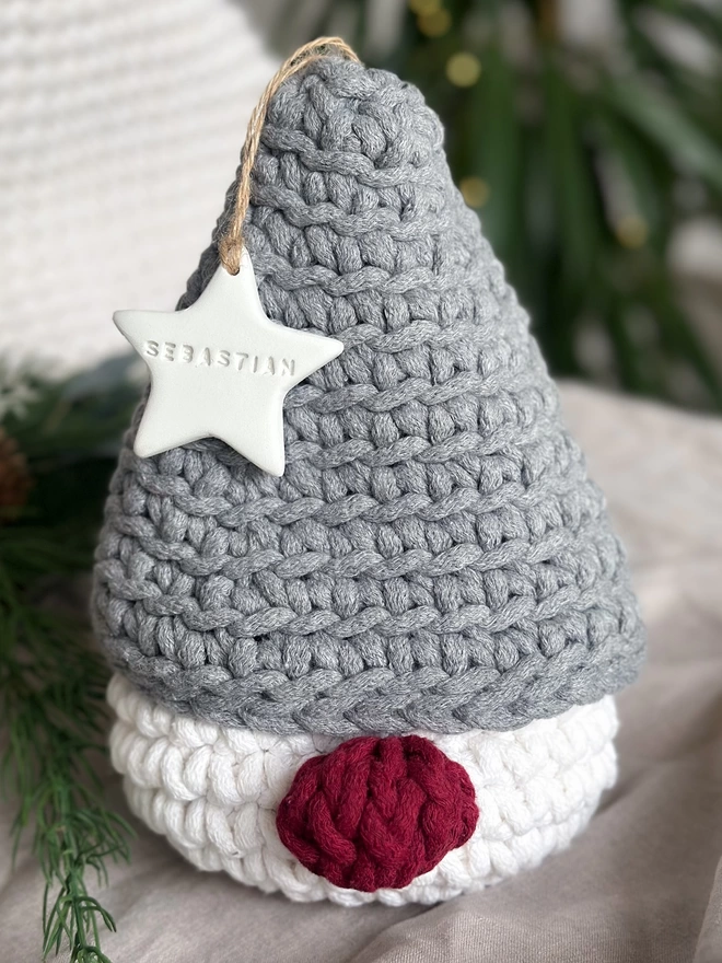 hand crocheted christmas basket gnome Zuri House
