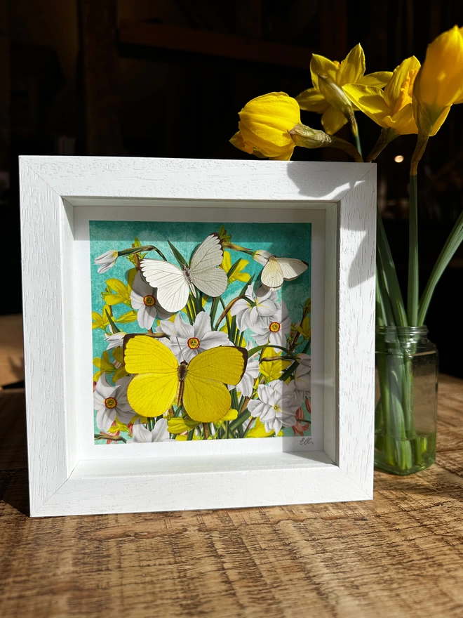 White box frame with floral print of narcissi daffodils and yellow forsythia blossoms 