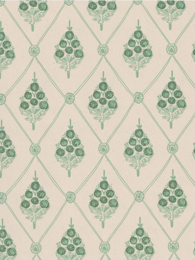 Annika Reed Studio Agra Green Wallpaper detail of pattern.