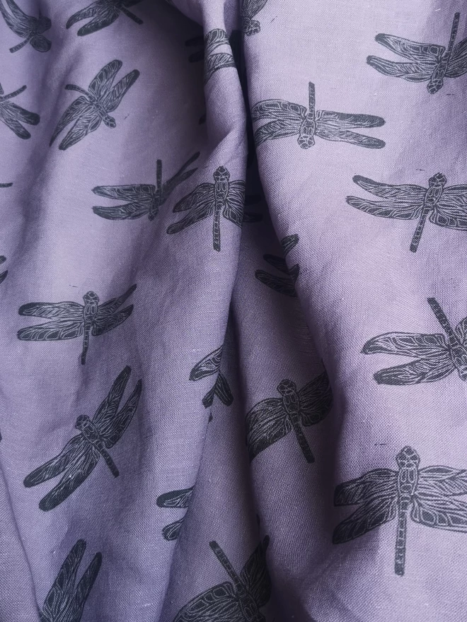Purple Cotton Linen Baby Bloomers. Elasticated waist and leg holes. Featuring a delicate charcoal grey dragonfly print.