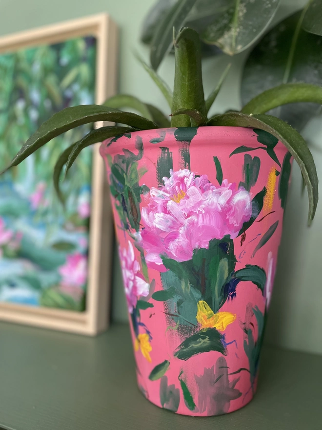 Neon Pink Floral Hand Painted Planter