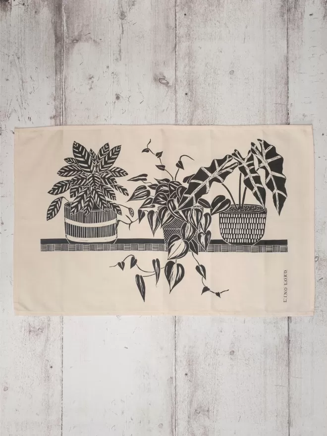 Picture of a tea towel with an image of three houseplants on a shelf, taken from an original lino print