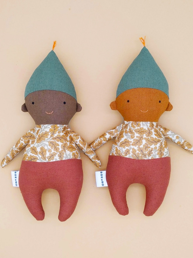 gnomes with william morris print outfit in dark and brown skin