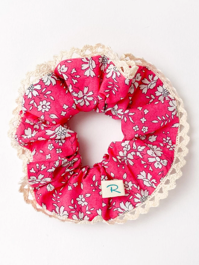 Pink Lace Edged Floral scrunchie