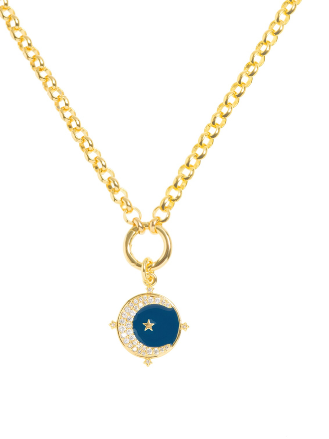 Navy blue enamel charm with a pave set crescent moon and a single gold star hanging from chunky gold belcher chain 