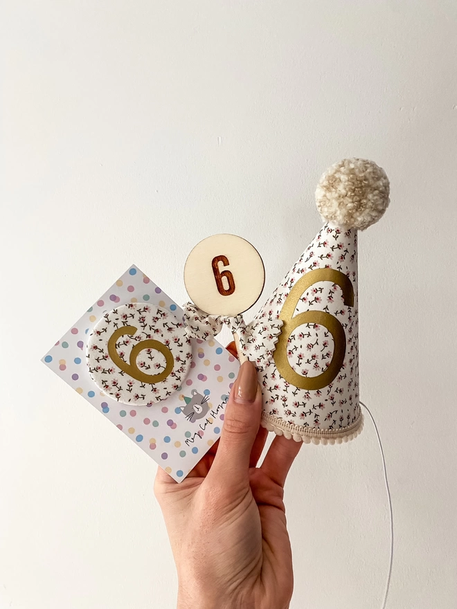 Number 6 Party Hat, cake topper and Birthday badge in a ditsy floral pattern