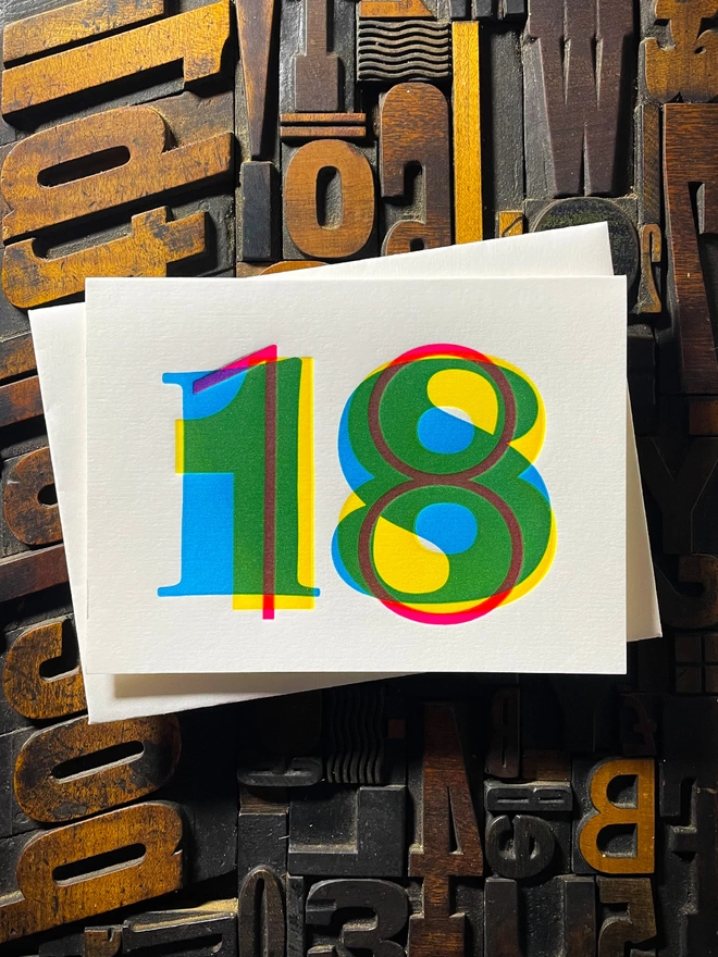 18th birthday anniversary typographic letterpress card. Deep impression print. Unique with no print being the same. They show slight colour variations adding to the style. Also available in other milestones : 1, 2, 3, 18, 21, 30, 40, 50, 60, 70, 80.