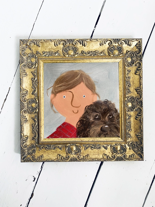painting of little girl in red cardigan with pet dog