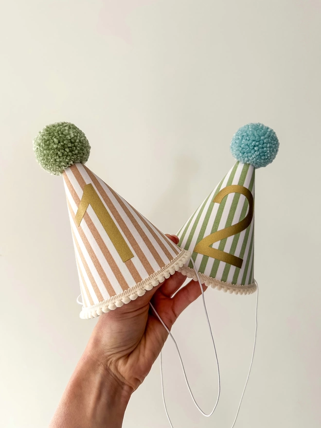 Caramel and Green Striped Handmade Party Hats