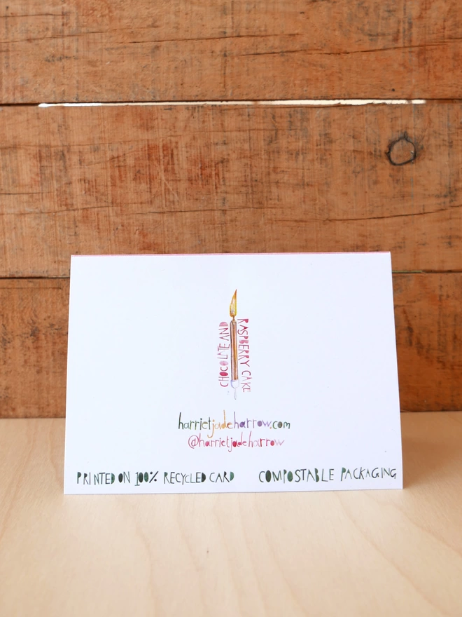The reverse of the card with a small central illustration of a birthday candle on white background. 