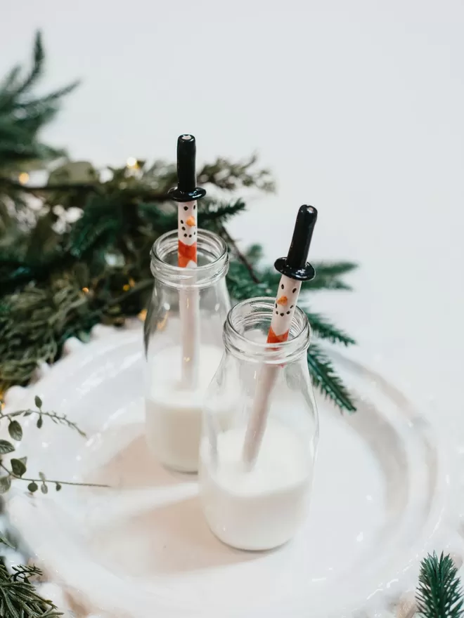 Bill and Ben Snowman ceramic straws seen with greenery surrounded.