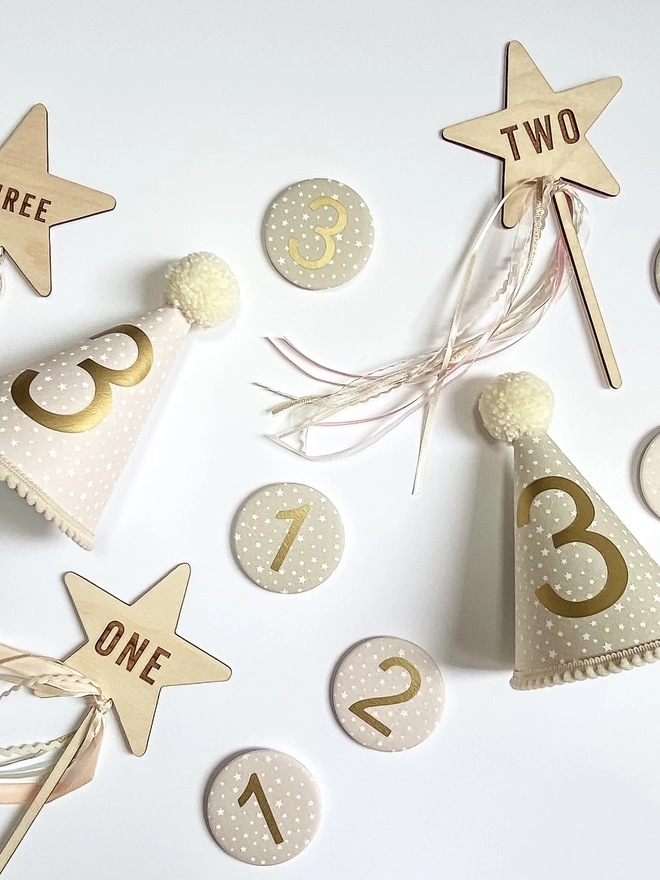 Nude Pink and Taupe Grey Star Print Party Hats and Number Wands and Birthday Badges 