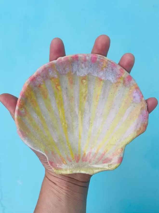 Pink and Yellow Handpainted Ceramic Scallop Dish 