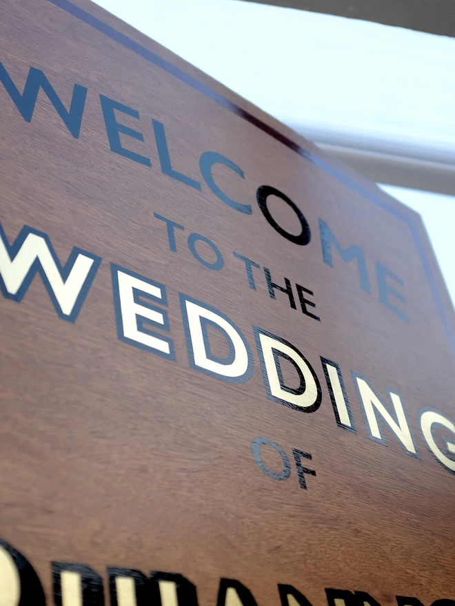 Close up of handpainted welcome wedding sign, shot from below. 