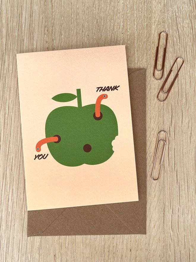 Thank You Card with an apple and worms