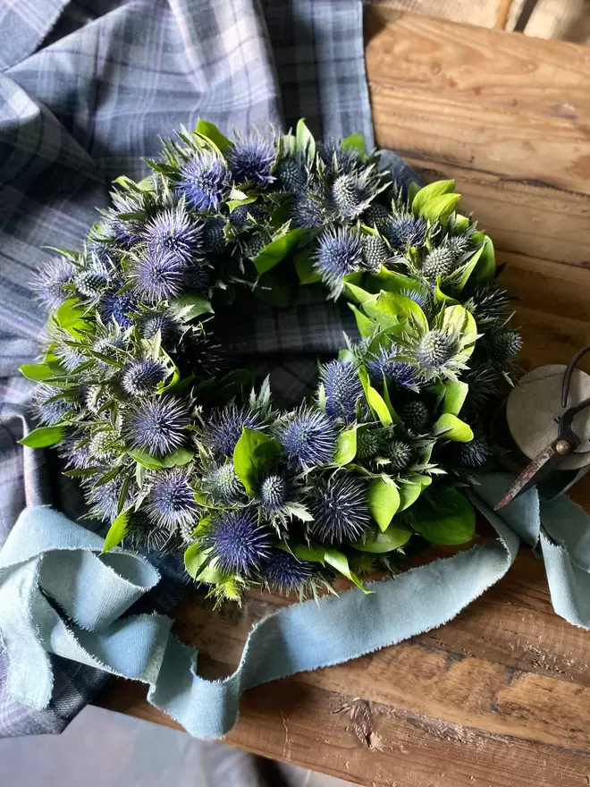 A Fresh Eryingium Wreath sits on a wooden table. A pale grey tartan napkin sits underneath the wreath, a contrasting duck egg blue rustic ribbon twirls alongside.