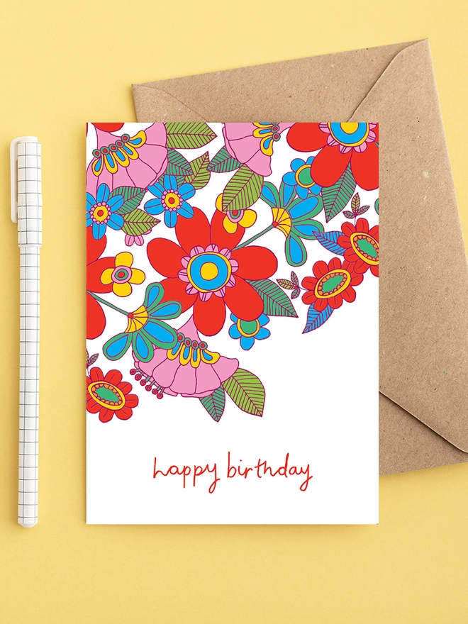 Bright birthday card with colourful hand drawn flowers