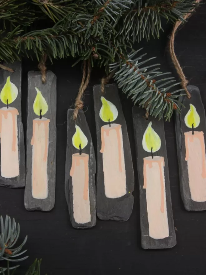 Candle Christmas decorations handpainted on slate