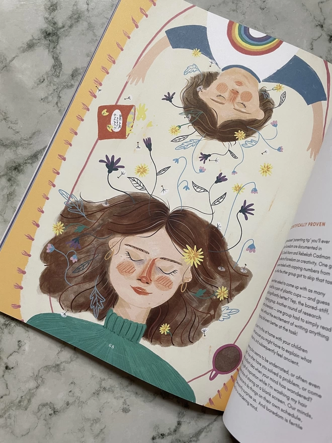 magazine open to an illustrated page of a woman and child relaxing together