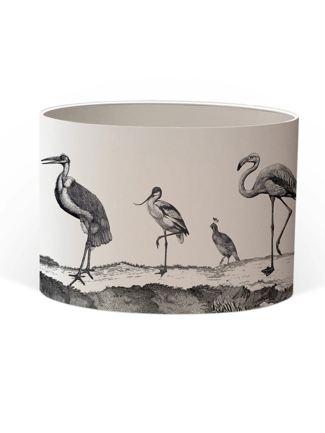 Drum Lampshade featuring birds with a white inner on a white background