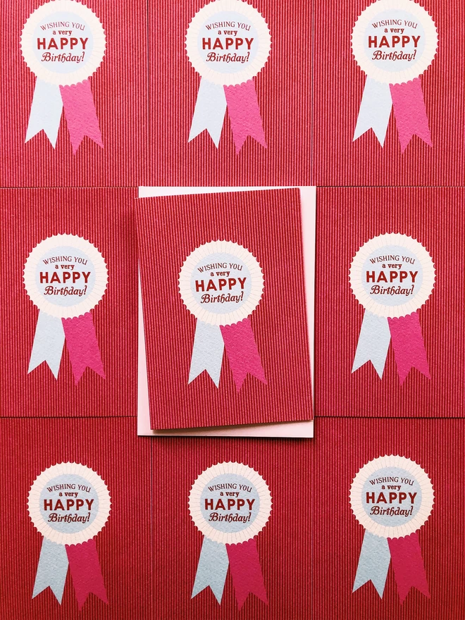 'Happy Birthday Badge' Charity Greeting Card Flora Fricker Vintage Badge in red and pink