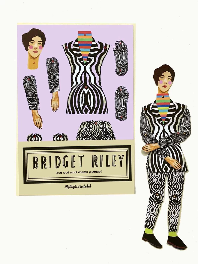 Packet of Bridget Riley puppet alongside a made up version Bridget Riley
