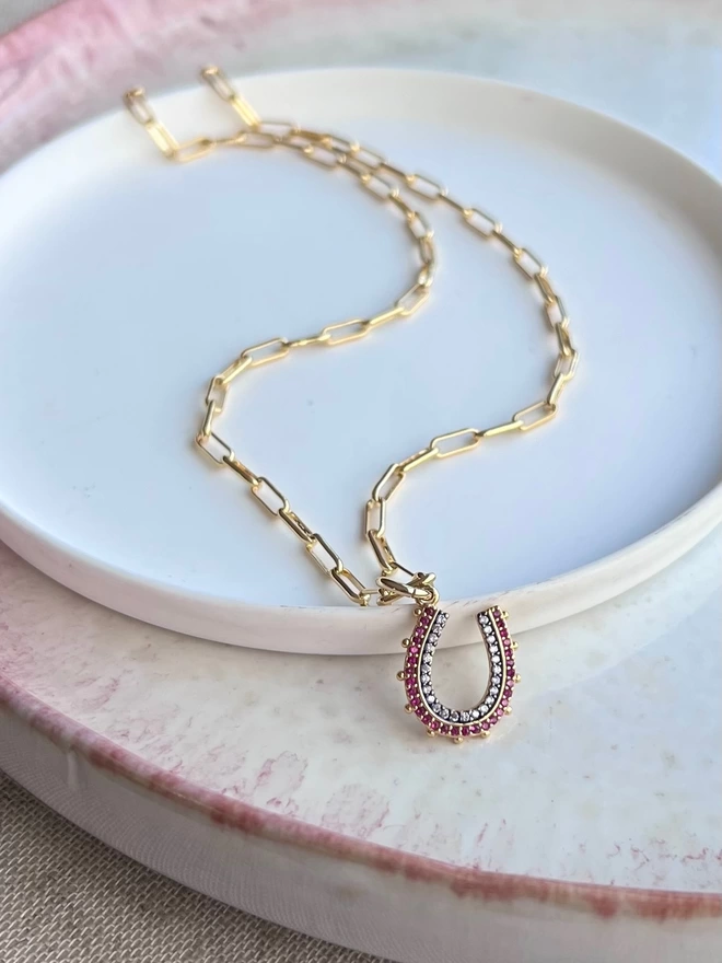 Tiny Jewelled Horseshoe Paperclip Chain Necklace