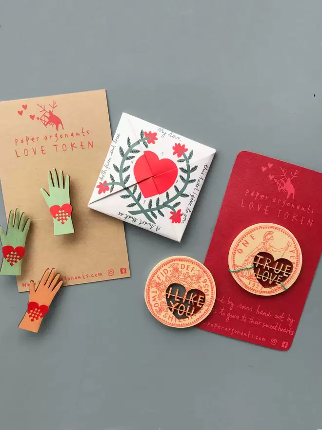Beautiful products from Fiona Biddington's 'Love' range, an origami love letter and heart brooch 