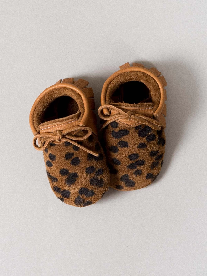 Handmade Cheetah Print Leather Baby Moccasins