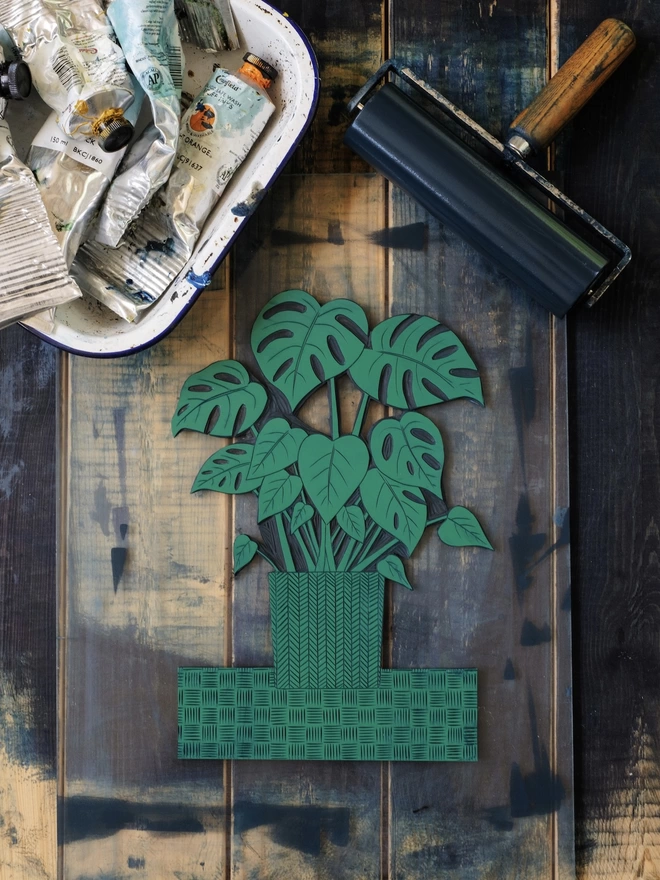 Picture of a Monstera Houseplant in a pot, original lino template