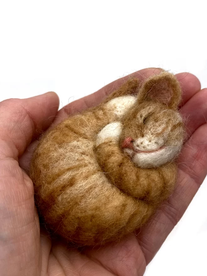 A sleeping cat brooch curled inside the palm of a hand
