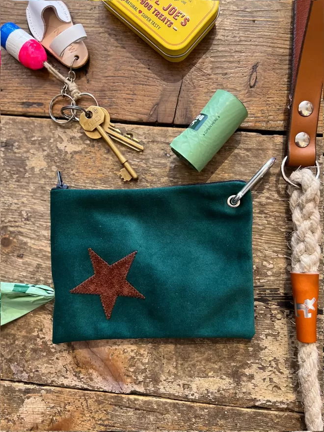 Green Velvet Star Treats and Poo Bag Pouch