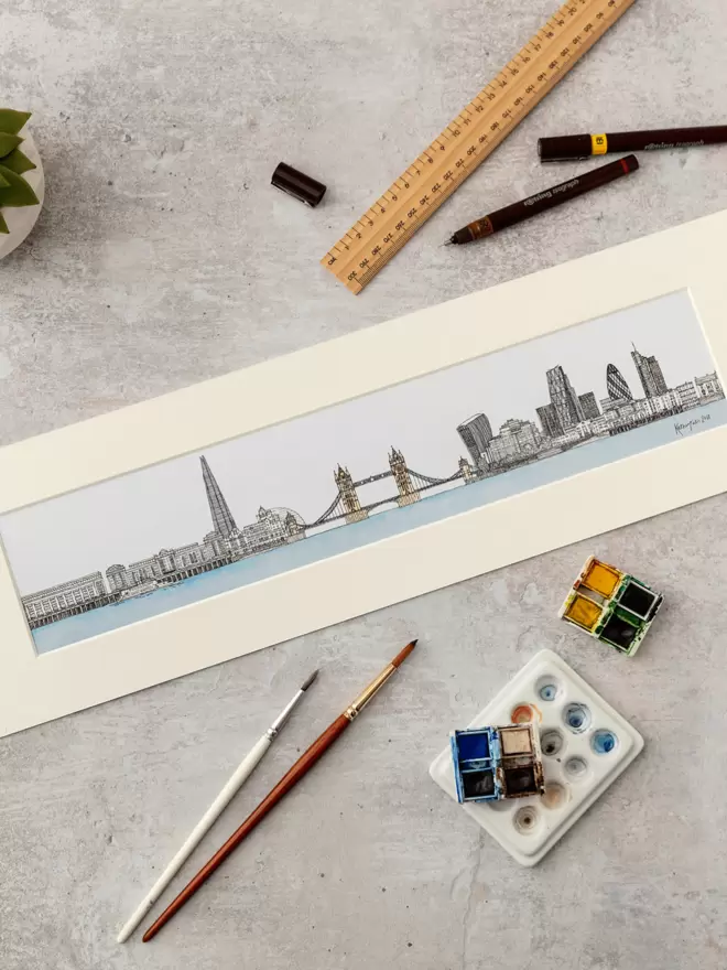 Print of detailed pen and watercolour drawing of Tower Bridge, London and city skyline in a soft white mount
