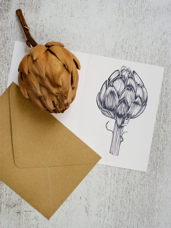 Greeting Card with an image of a Single Artichoke, taken from an original lino print