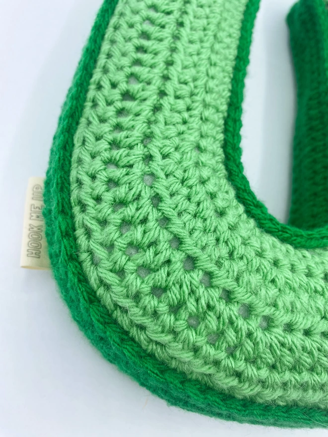 Crocheted U Cushion in Sage Green and Grass Green, detail