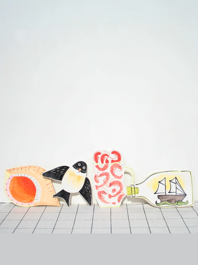 Handmade ceramic wall hanging, plaque, seaside, prawns, ship, bird, shell