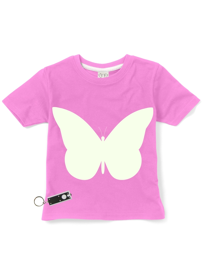 Pink tshirt with glow in the dark butterfly print and torch