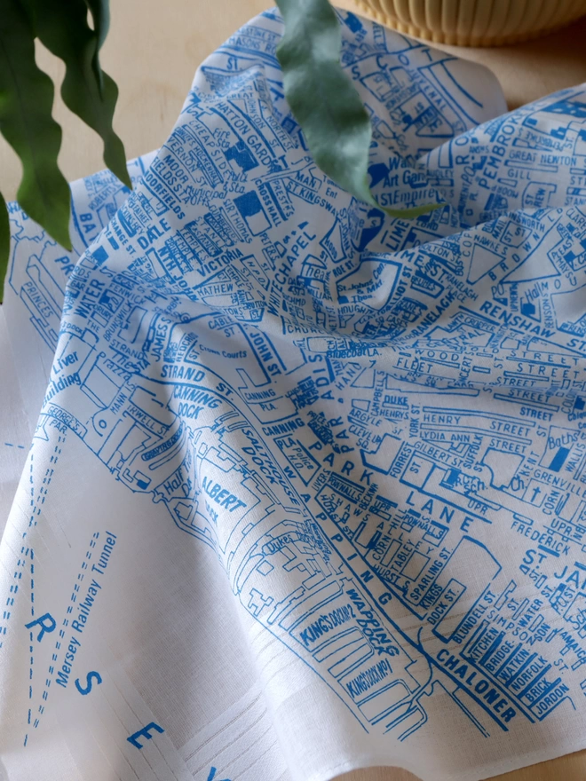detail of a sky blue Liverpool hankie with some plant leaves 