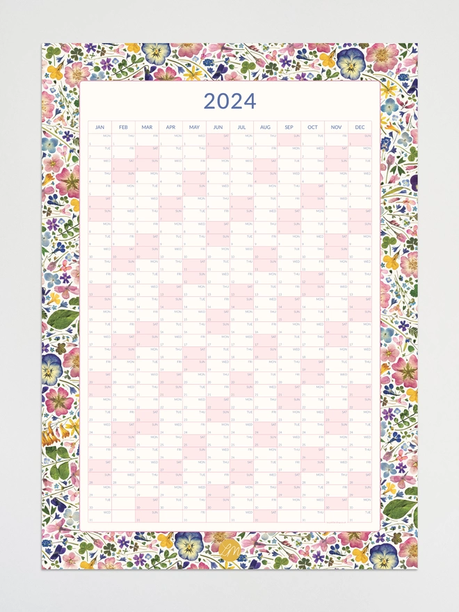 Nature-Inspired 2024 Wall Planner with Floral Border and Pressed Flower Details