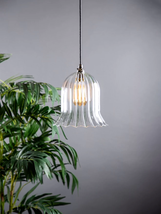Large Handblown Clear Ribbed Fluted Pendant Light