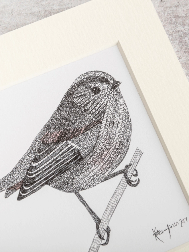 Print of intricately patterned pen and watercolour drawing of a Long-tailed tit bird, in a soft white mount