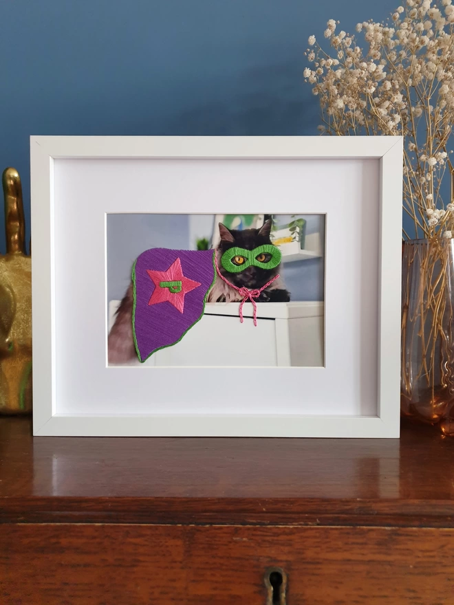Pet photograph with hand embroidered mask, cape and initial in white frame on desk