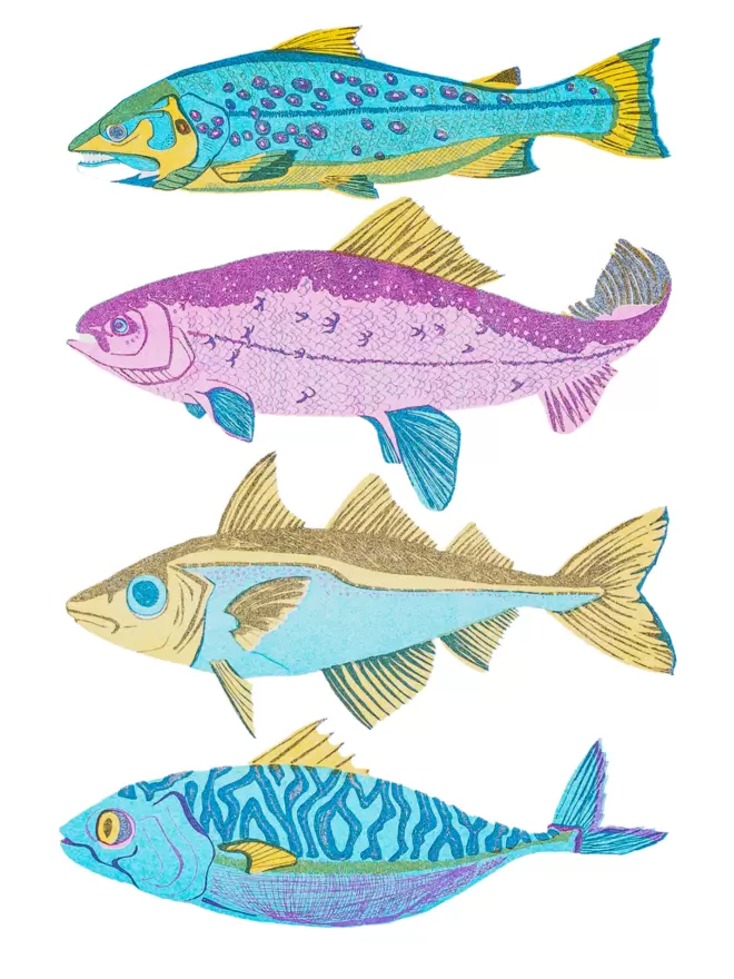 Close-up, detailed shot: 4 of the 8 fish in shades of blue and pink